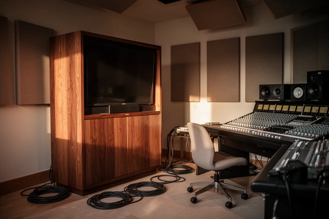 Sala di controllo in studio dai toni caldi con grande monitor in legno e console