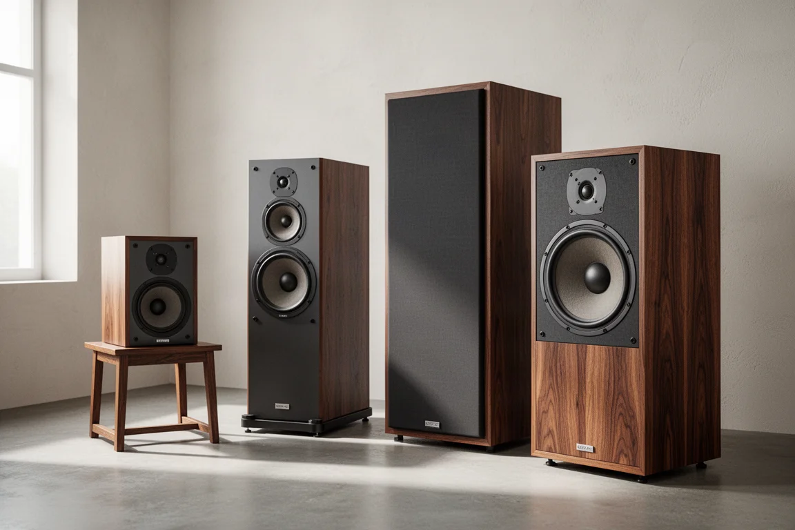 Heritage hi-fi loudspeakers arranged in a bright minimal listening room