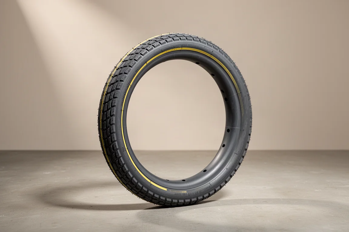 コンクリート面に置かれたソリッドゴム製自転車タイヤのループ。サイドウォールの取り付け穴が見える