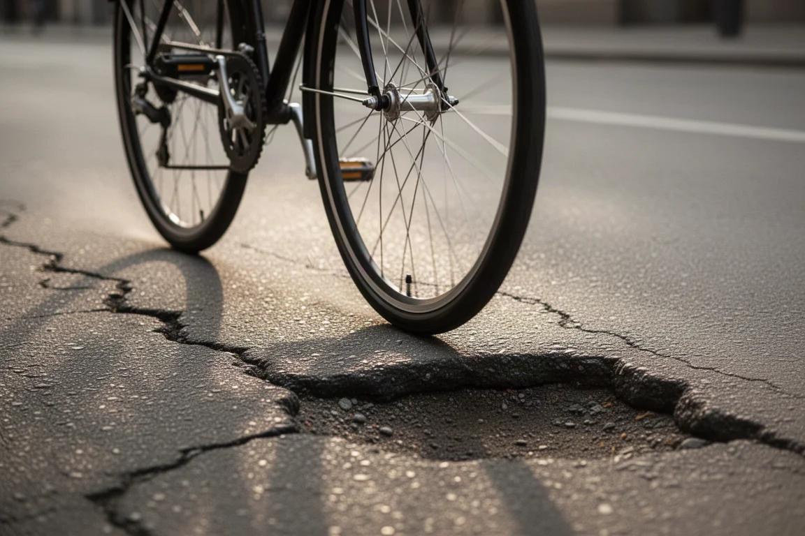 ひび割れた凸凹のある市街地の路面を走る自転車の車輪をローアングルから撮影