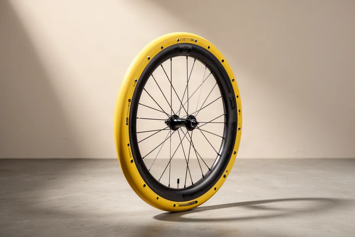 Solid yellow bicycle tire mounted on a dark carbon road wheel against a concrete backdrop