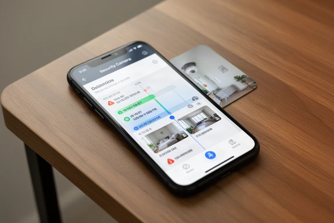 カメラの再生映像とアラートクリップが表示されたスマートフォンアプリの画面