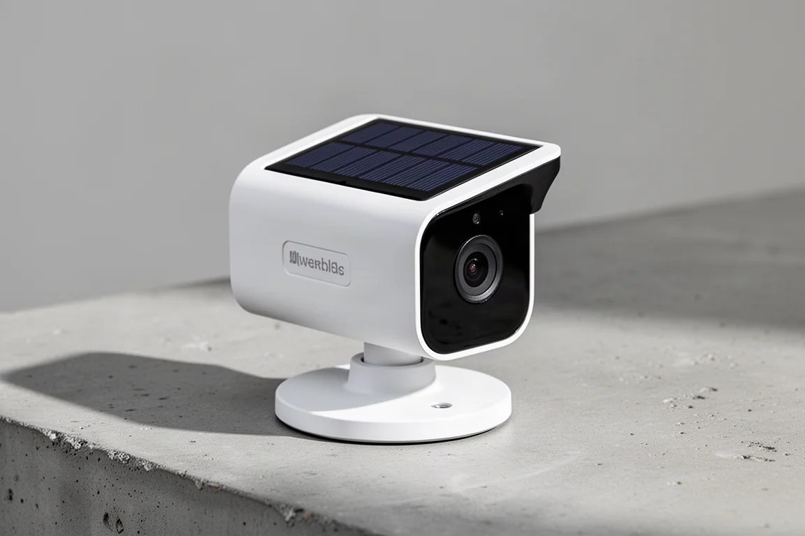 Telecamera di sicurezza bianca compatta con pannello solare integrato su una superficie di cemento