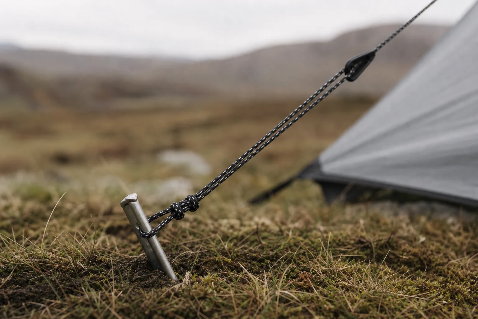 Close-up of tarp pegs and guy ropes staked into ground