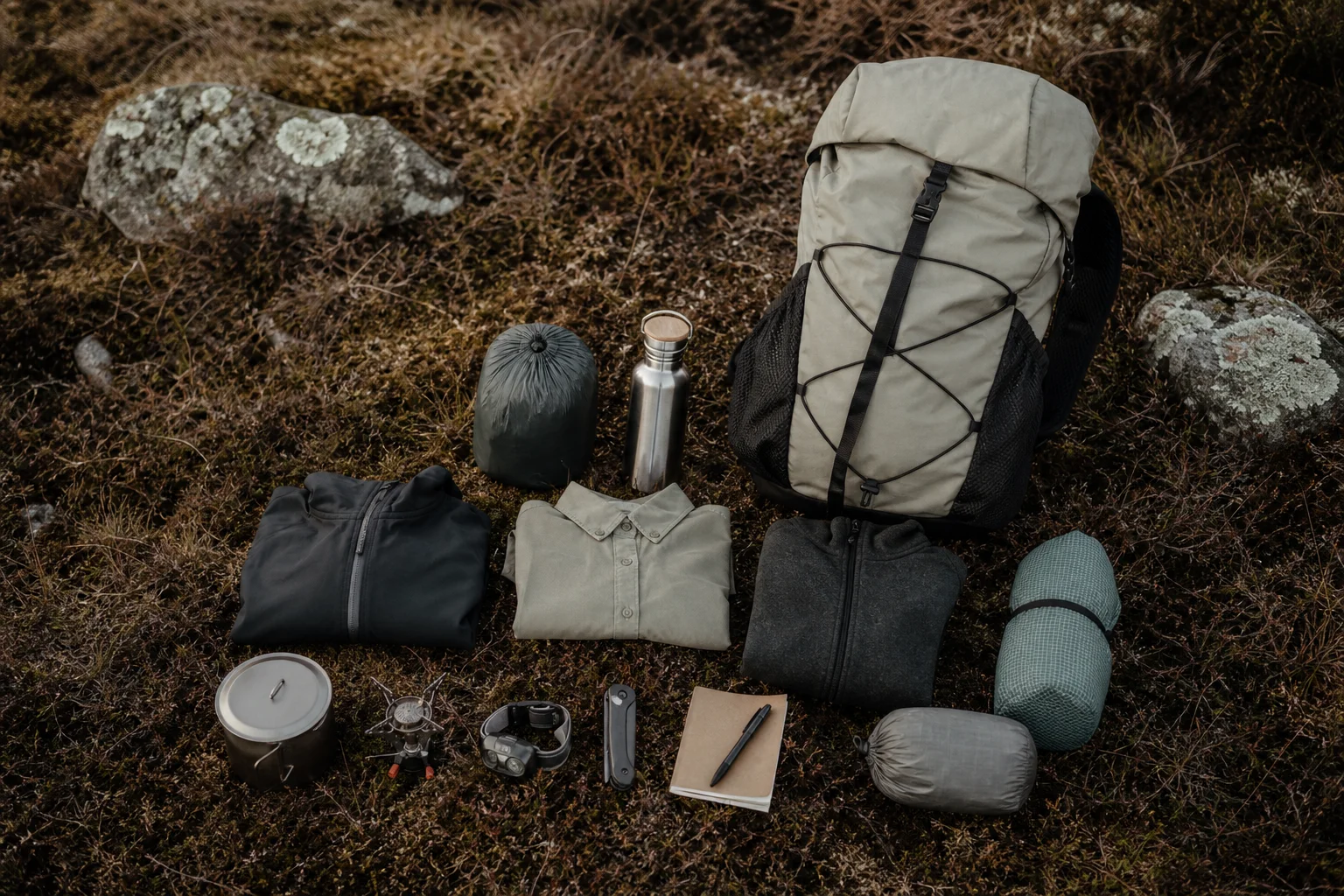 Backpack with minimal gear laid out on moorland ground