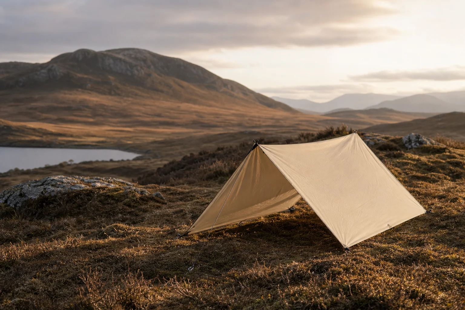 Tarp shelter pitched in moorland at golden hour with rolling hills in background