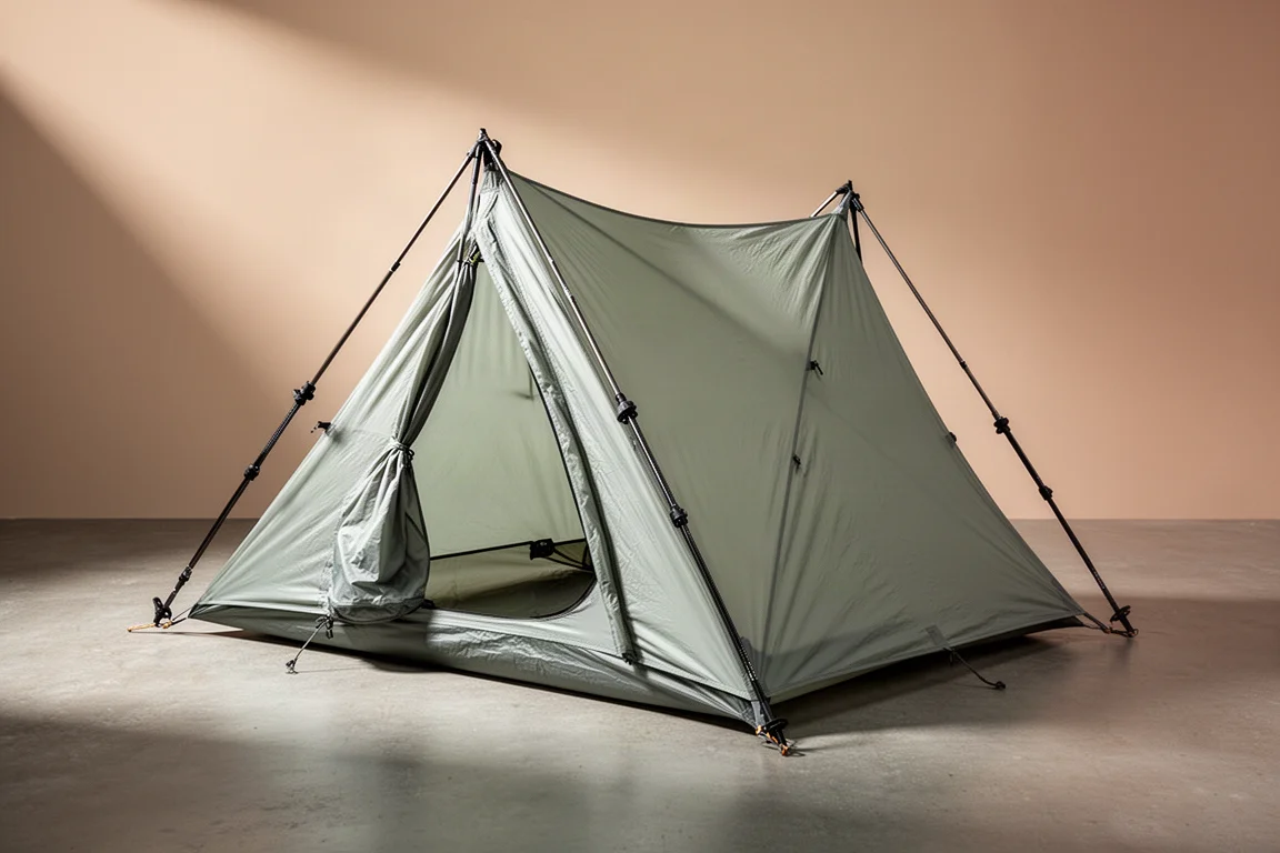 Pale olive trekking pole backpacking tent with carbon end struts pitched on concrete