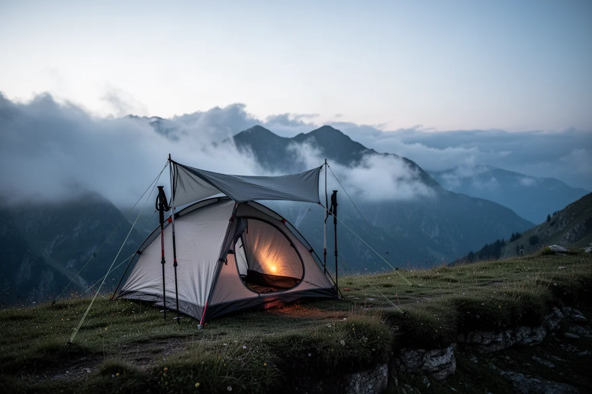 Piccola tenda da backpacking monoposto montata su una cengia di montagna al crepuscolo