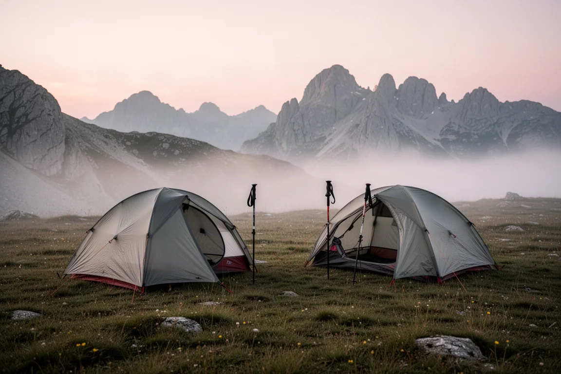 Due tende ultraleggere monoposto montate su un prato alpino all'alba