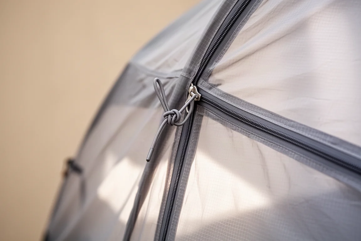 Close-up van een tentventilatie die opengehouden wordt door een elastiek met een slanke rits