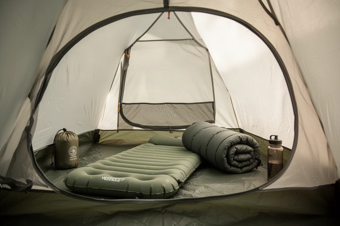 Interieur van een éénpersoons tent met slaapmat, slaapzak en uitrusting op de vloer