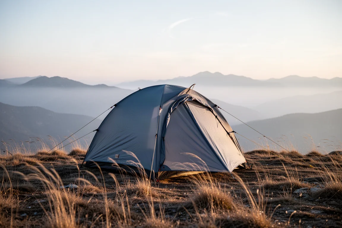 Laagprofiel éénpersoons tent die standhoudt in sterke wind op een blootgestelde bergkam