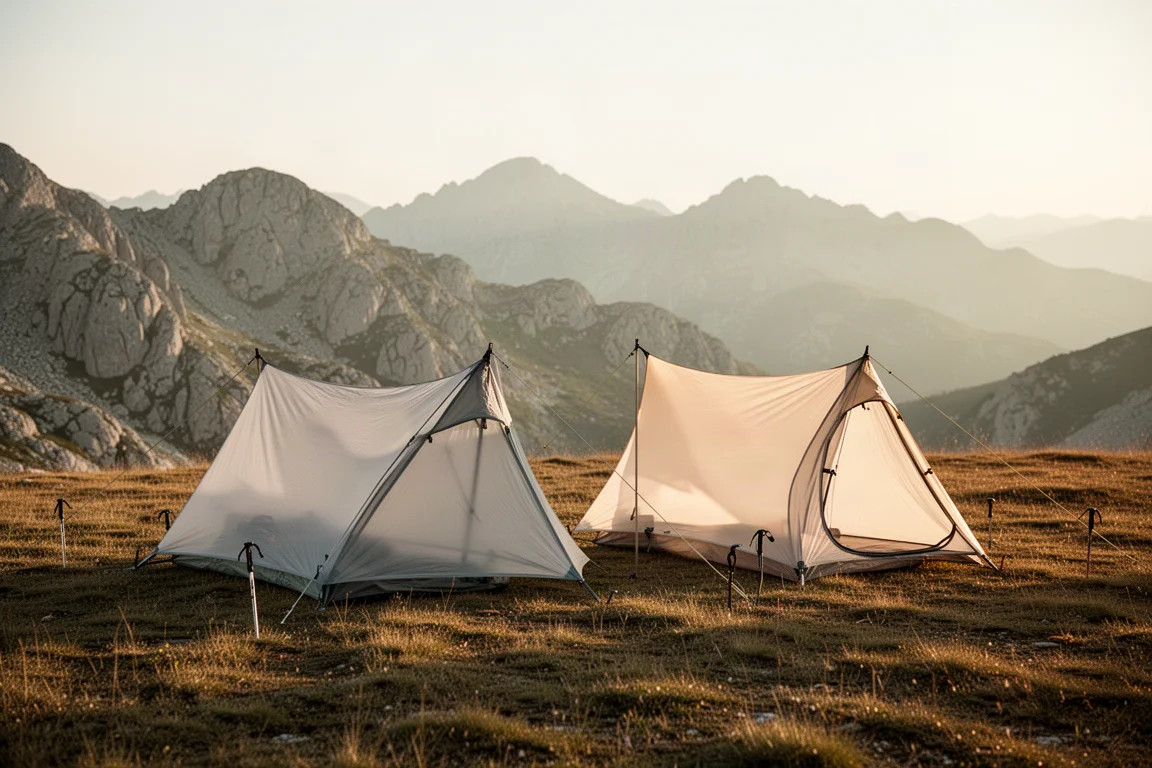 Two ultralight one-person backpacking tents pitched side by side on an alpine meadow at golden hour