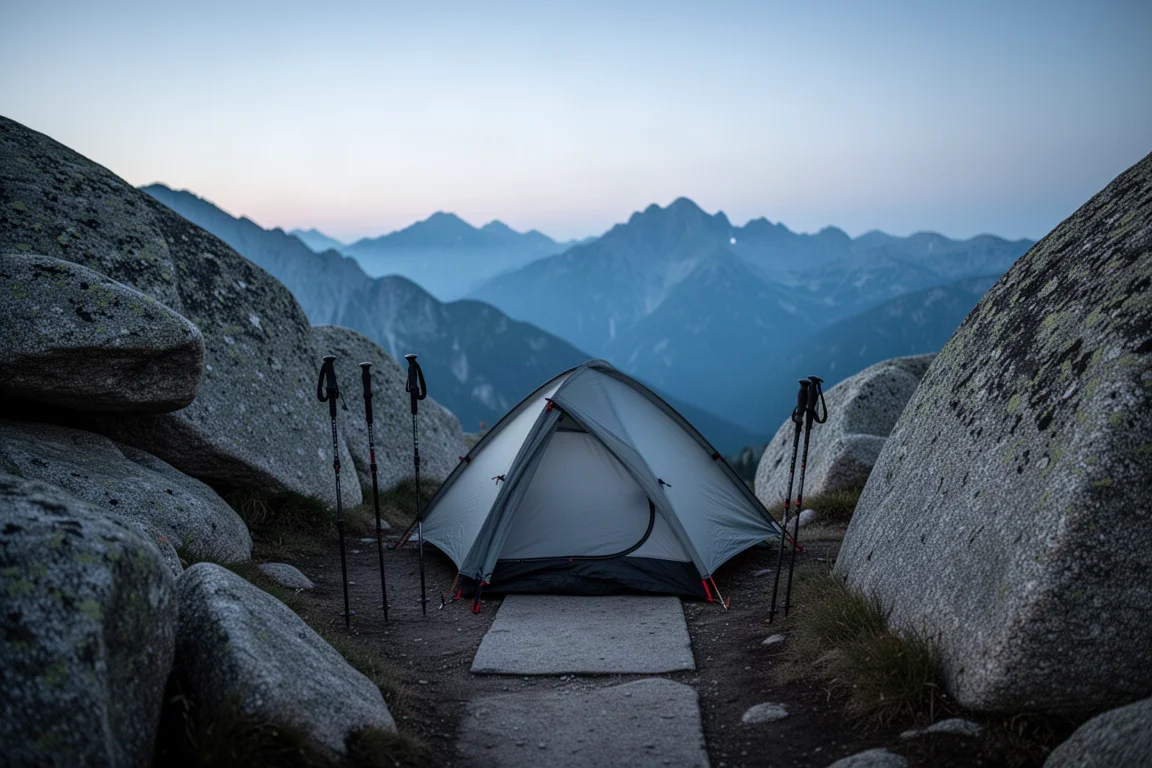 Tente à simple paroi pour bâtons de randonnée montée sur une étroite corniche alpine au crépuscule