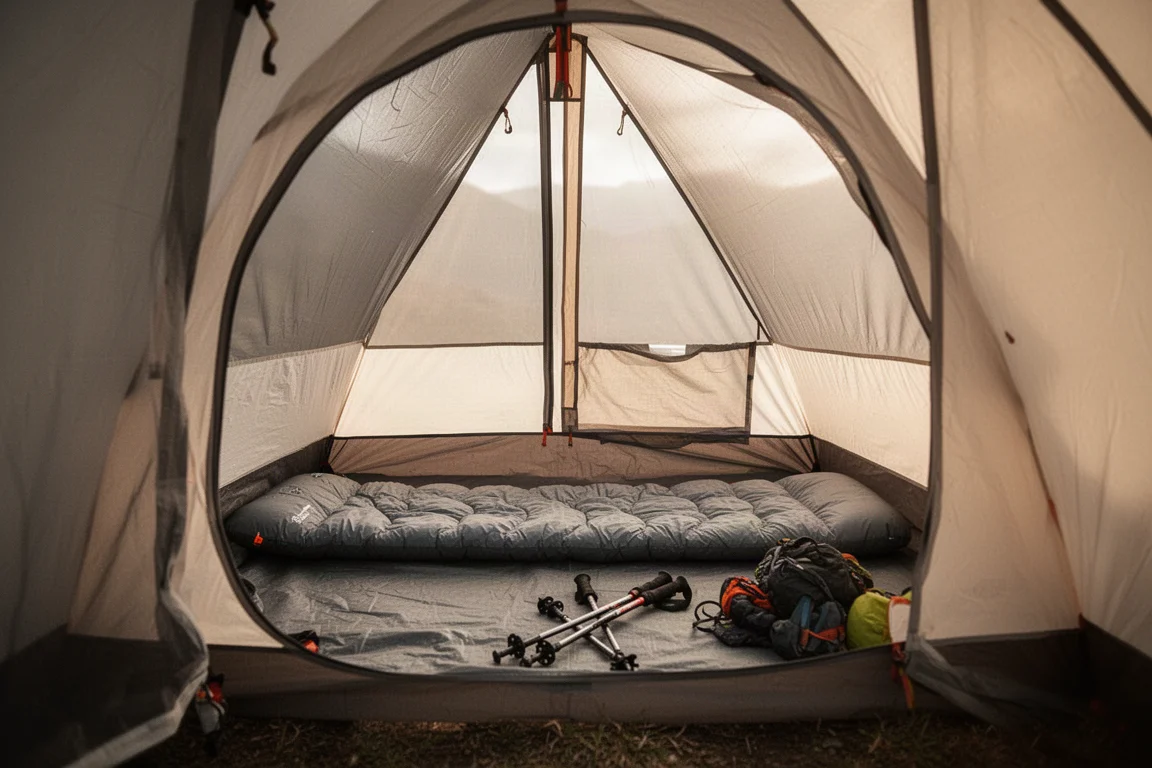 Vue du dessus d'un plancher de tente étroit avec un matelas de couchage et de petits sacs de matériel