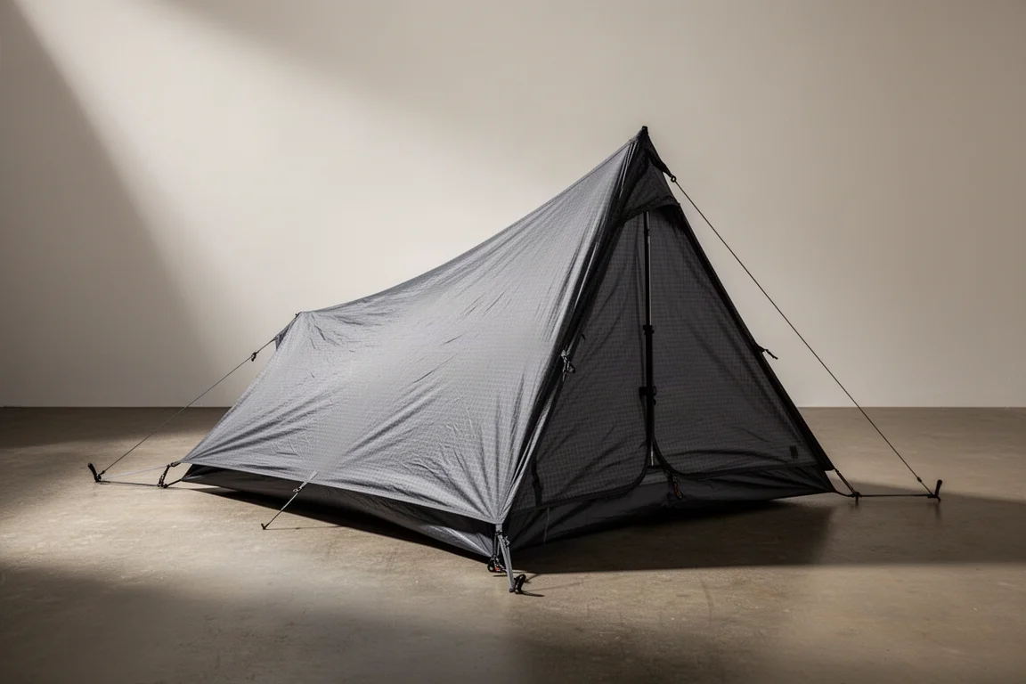 Ultralight single-wall trekking pole tent pitched taut on a neutral studio backdrop