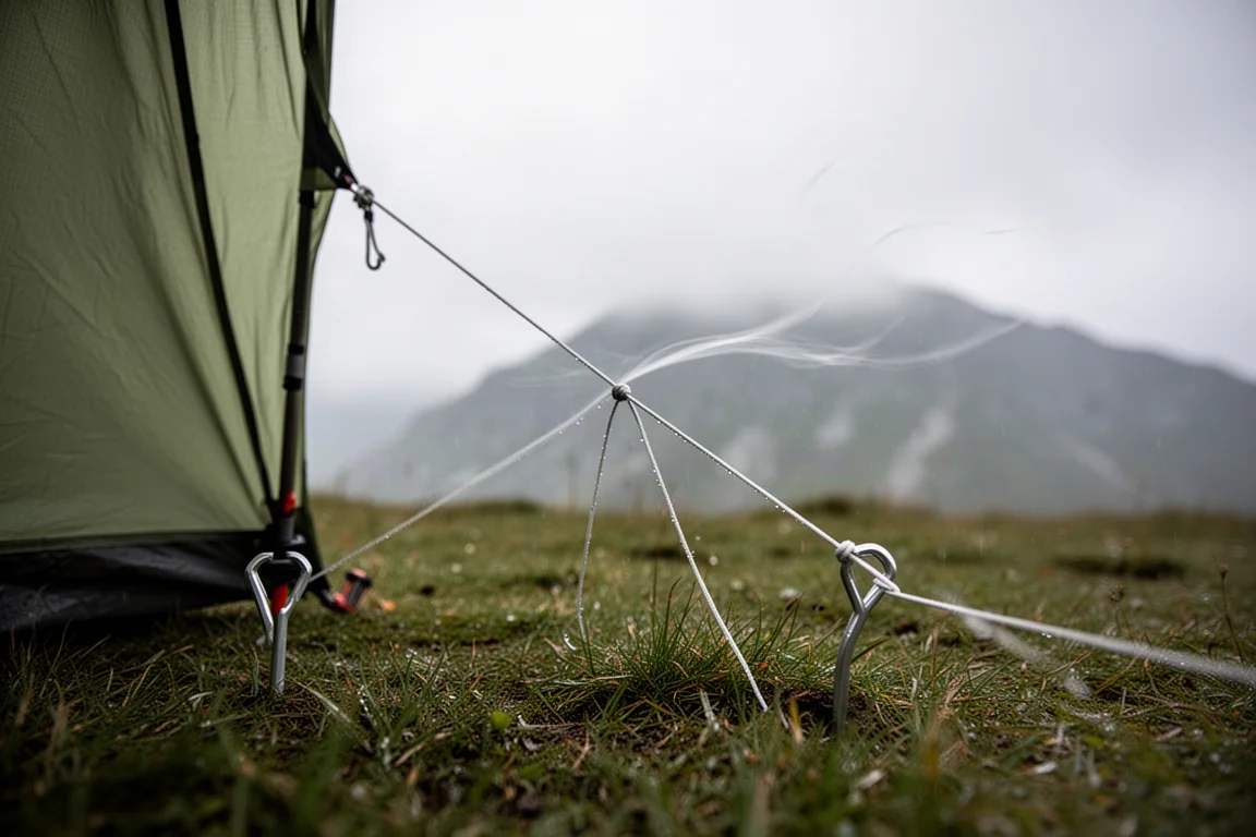 黎明時分搭在花崗岩板上的超輕量登山杖帳篷