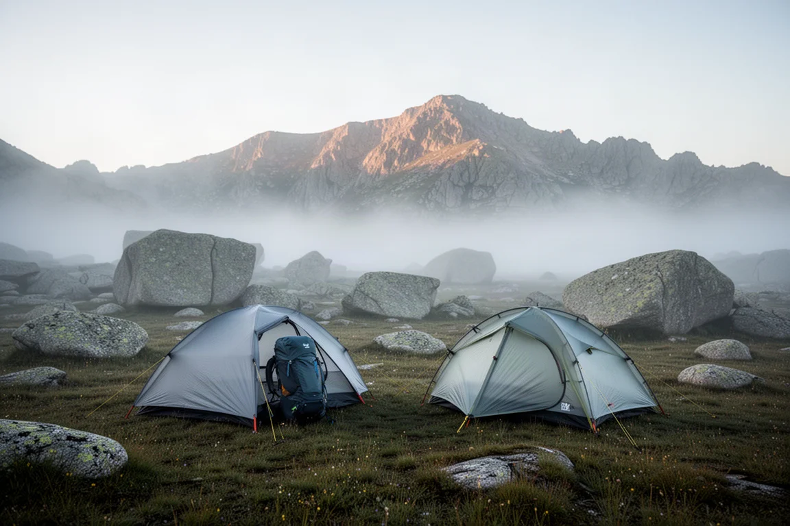 Zwei ultraleichte Trekkingzelte auf einer nebligen alpinen Wiese im Morgengrauen