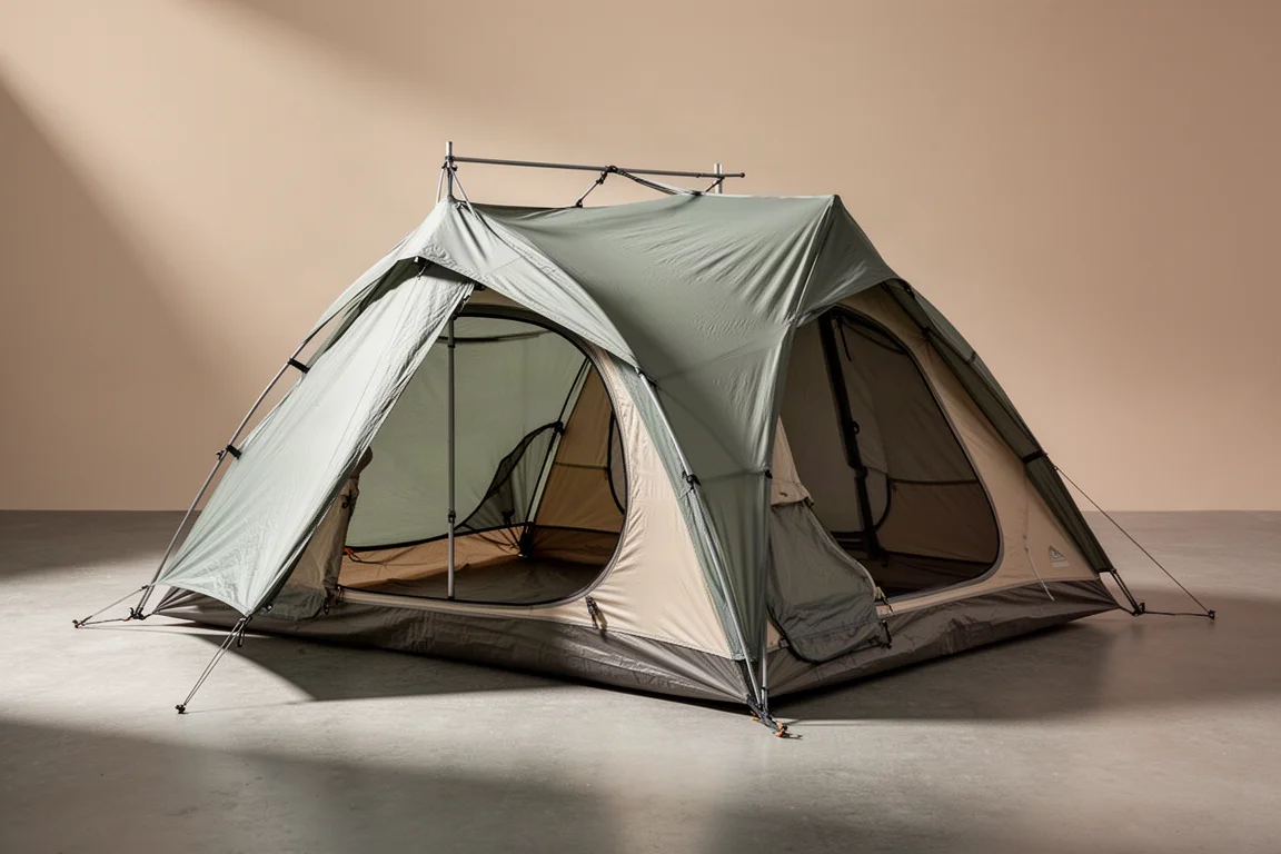 Ultralight two-person double-wall backpacking tent pitched on a neutral concrete surface