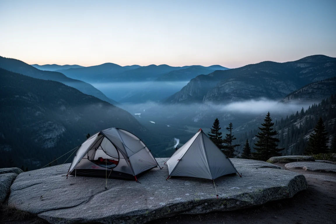 Zweipersonen-Ultralight-Zelt auf einem Granitvorsprung über einem Bergtal in der Dämmerung