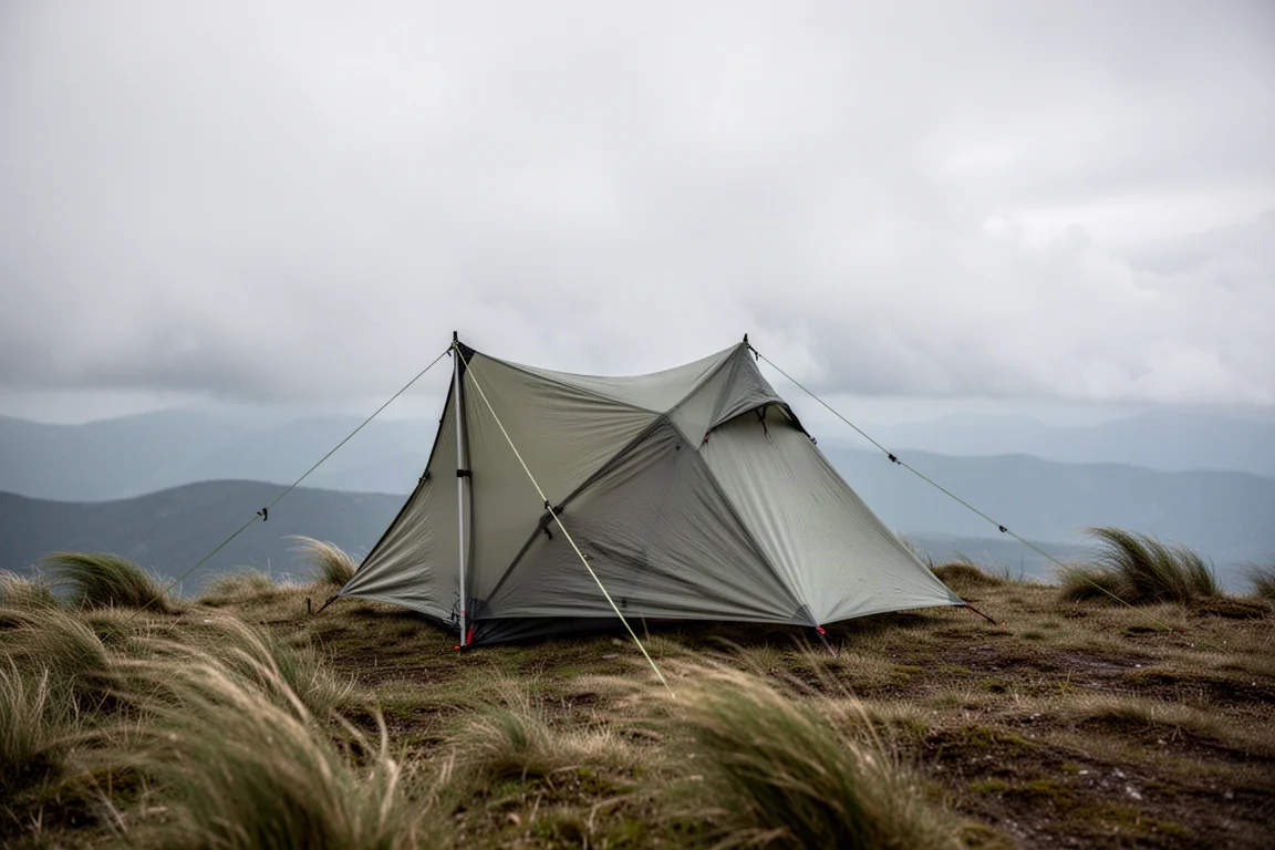 Einwandiges Ultralight-Zelt straff auf einem exponierten Grat bei starkem Wind aufgebaut