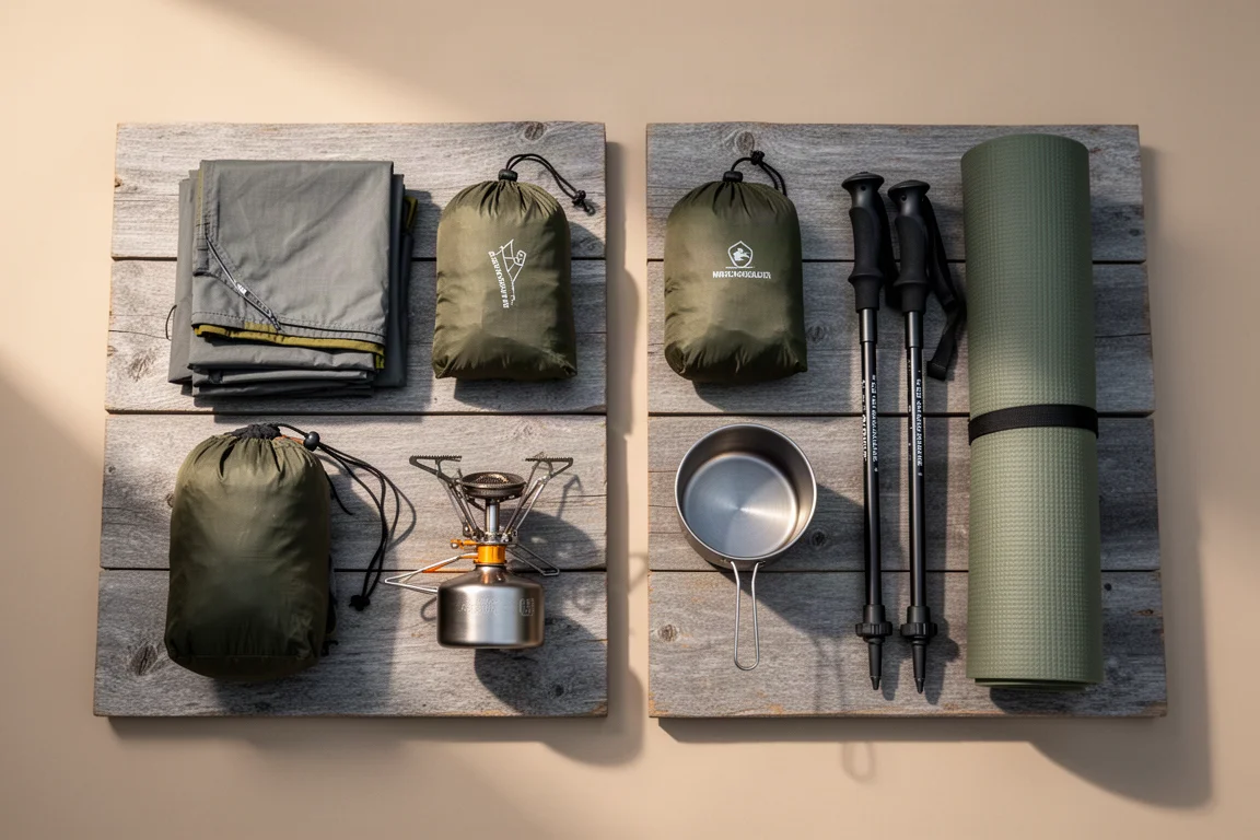 Flache Draufsicht auf Ultralight-Trekkingausrüstung, in zwei gleiche Haufen geteilt