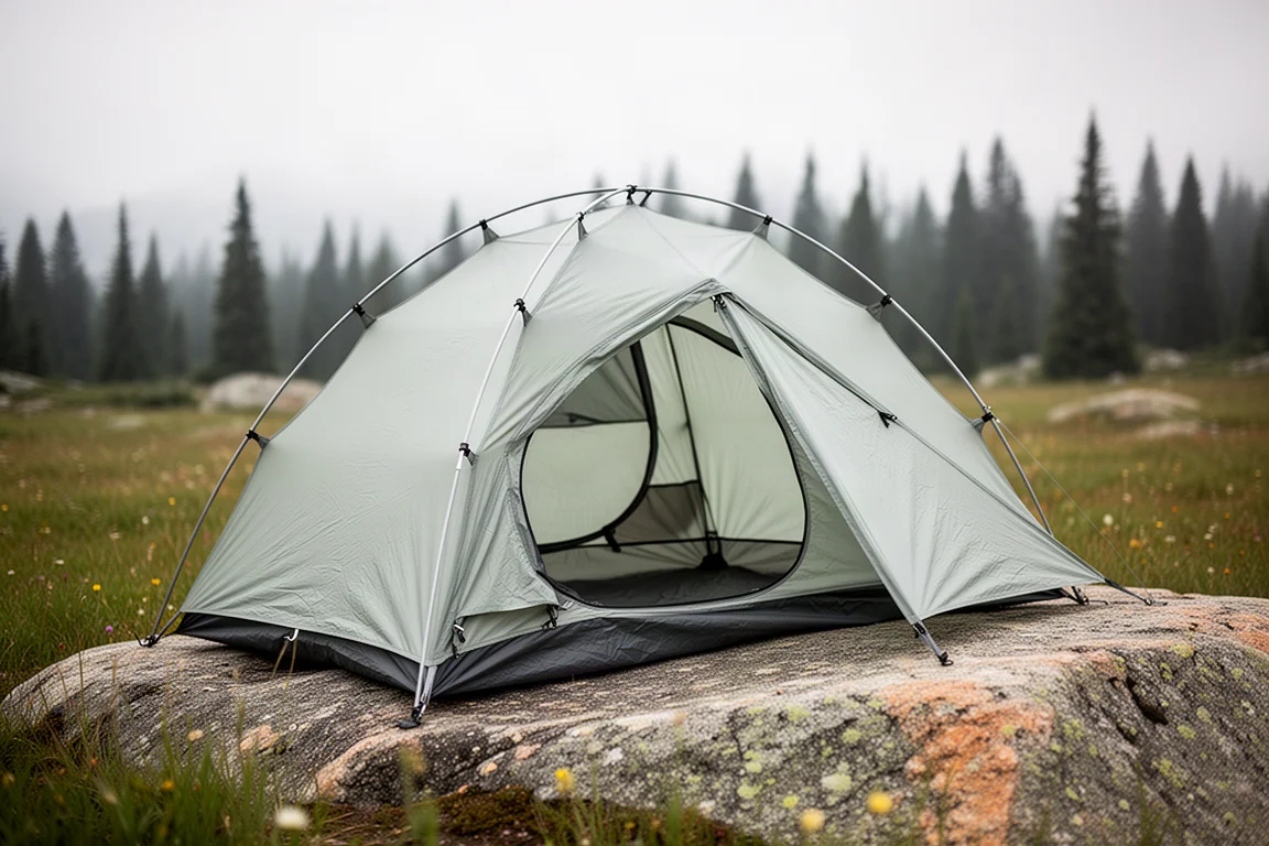 Lightweight two-person ultralight tent pitched on a granite slab beside an alpine meadow