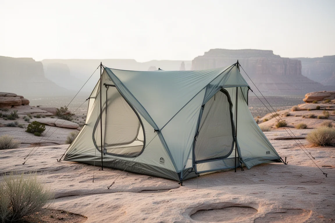 Low single-wall ultralight shelter pitched on pale sandstone with arched ridge pole
