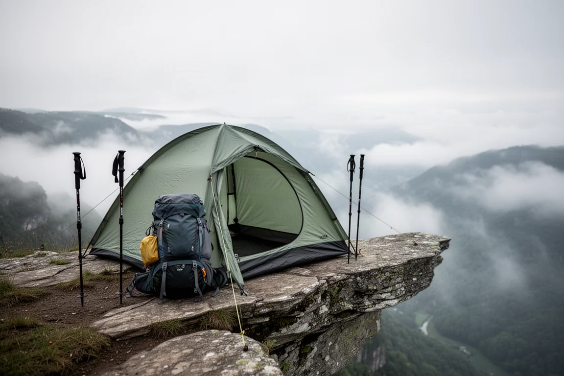 Backpacker kucający obok rozstawionego namiotu na kijki trekkingowe na skalnej półce górskiej