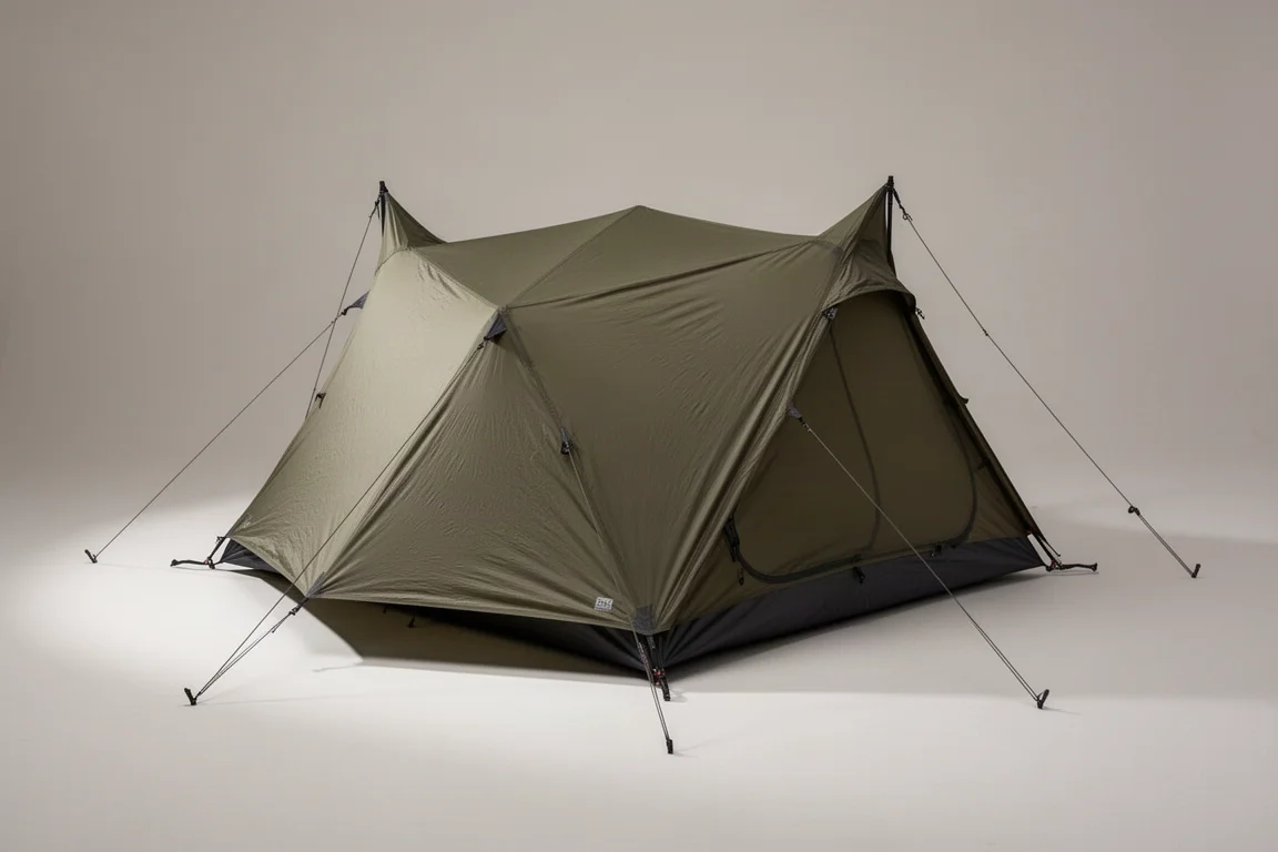 Lightweight single wall trekking pole tent pitched on a neutral studio backdrop