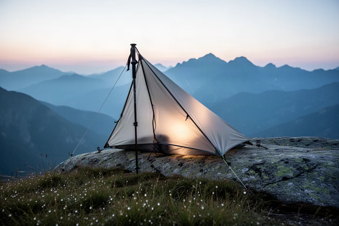 Trekkingstock-Zelt auf einem grasbewachsenen Alpengrat im Morgengrauen mit Nebel darunter aufgebaut