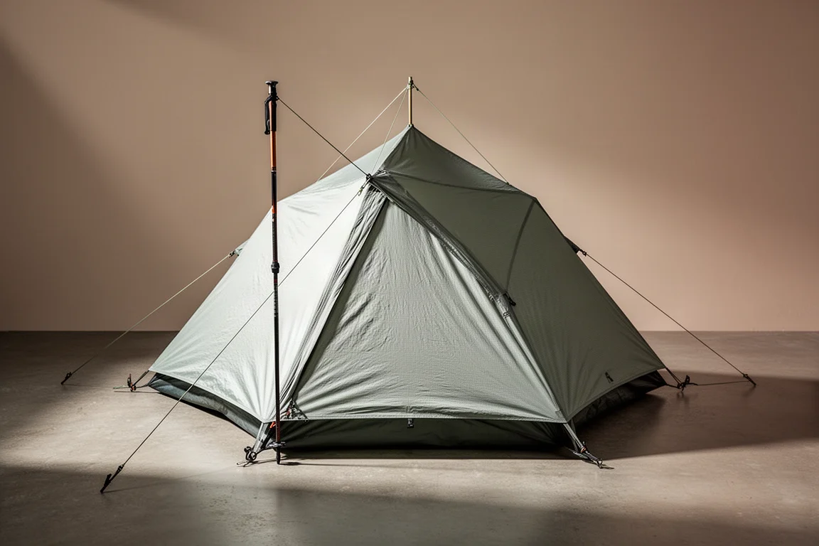 Single-wall trekking pole tent pitched taut with carbon fiber end struts on concrete