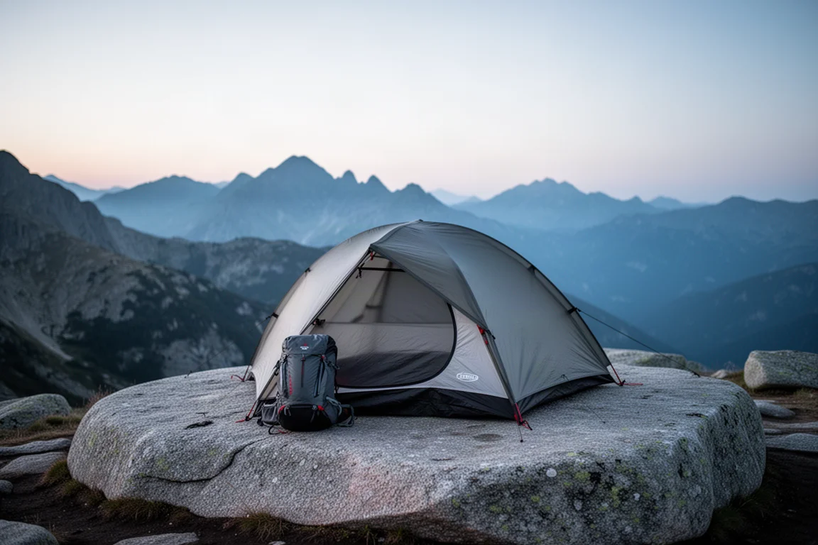 Compacte single-wall backpacktent op een granieten plaat bij schemer, met uitrusting ernaast