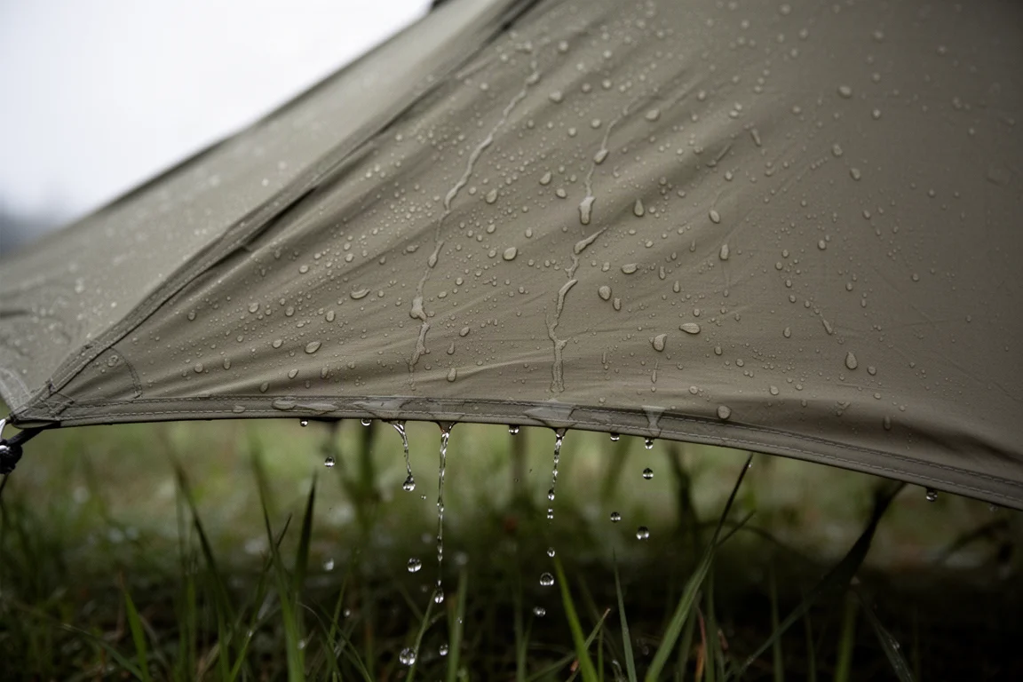 Tente basse haubanée sur une crête exposée sous de sombres nuages d'orage