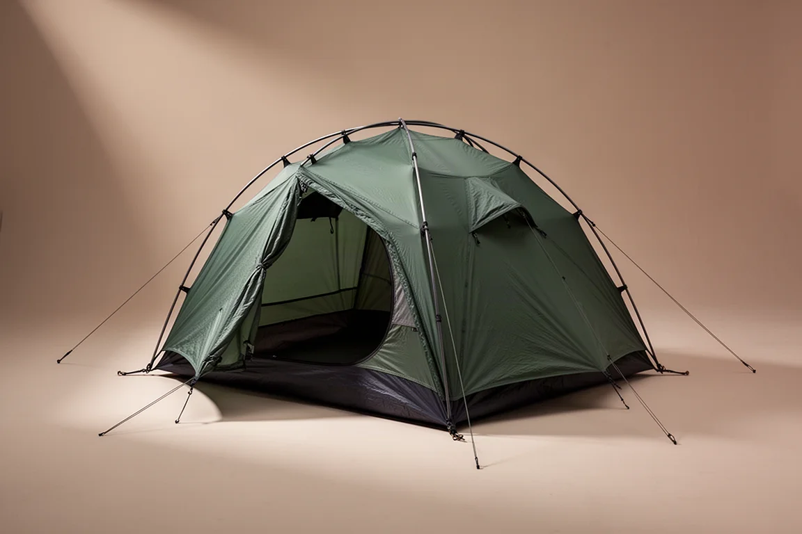 Four-season one-person backpacking tent with green flysheet pitched on a neutral backdrop