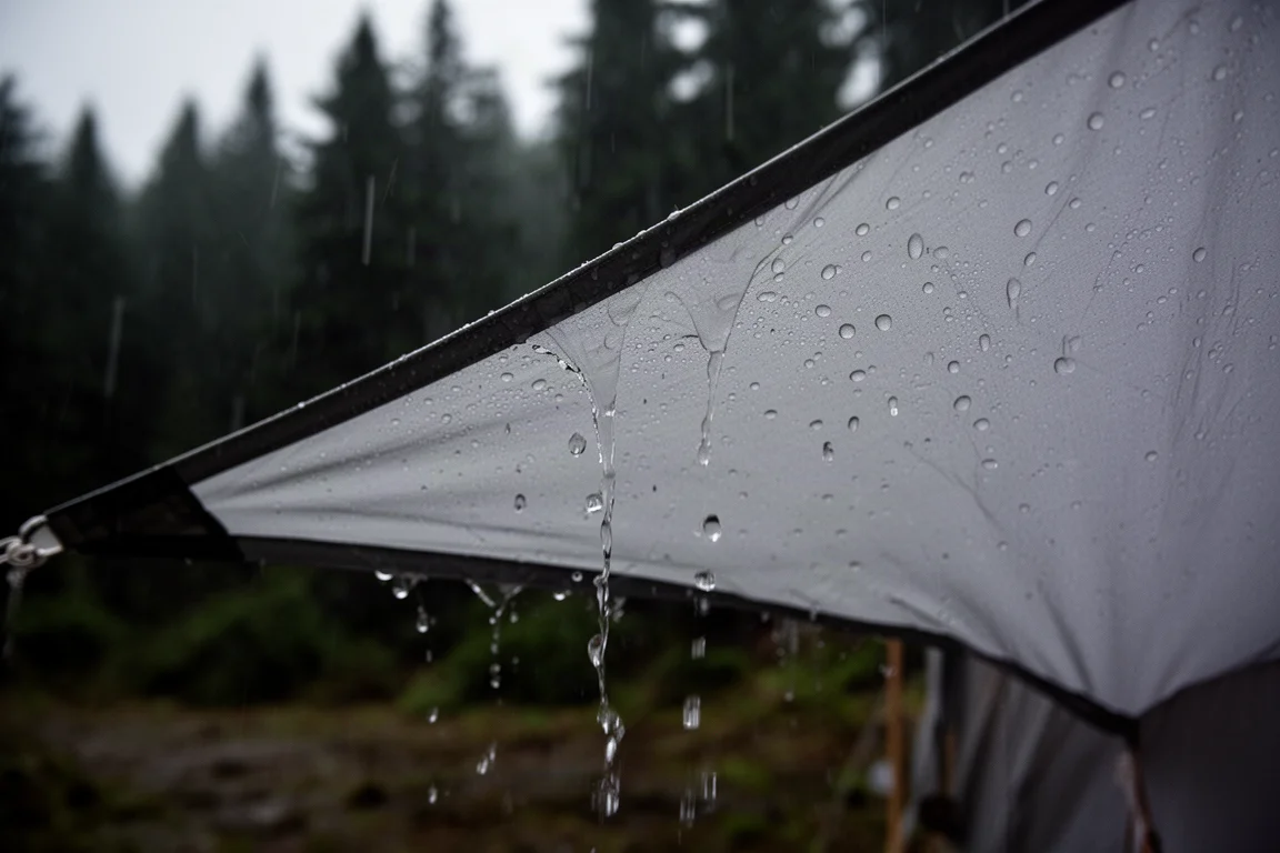 Detalhe da chuva formando gotas e escorrendo pelo tecido translúcido e esticado da barraca