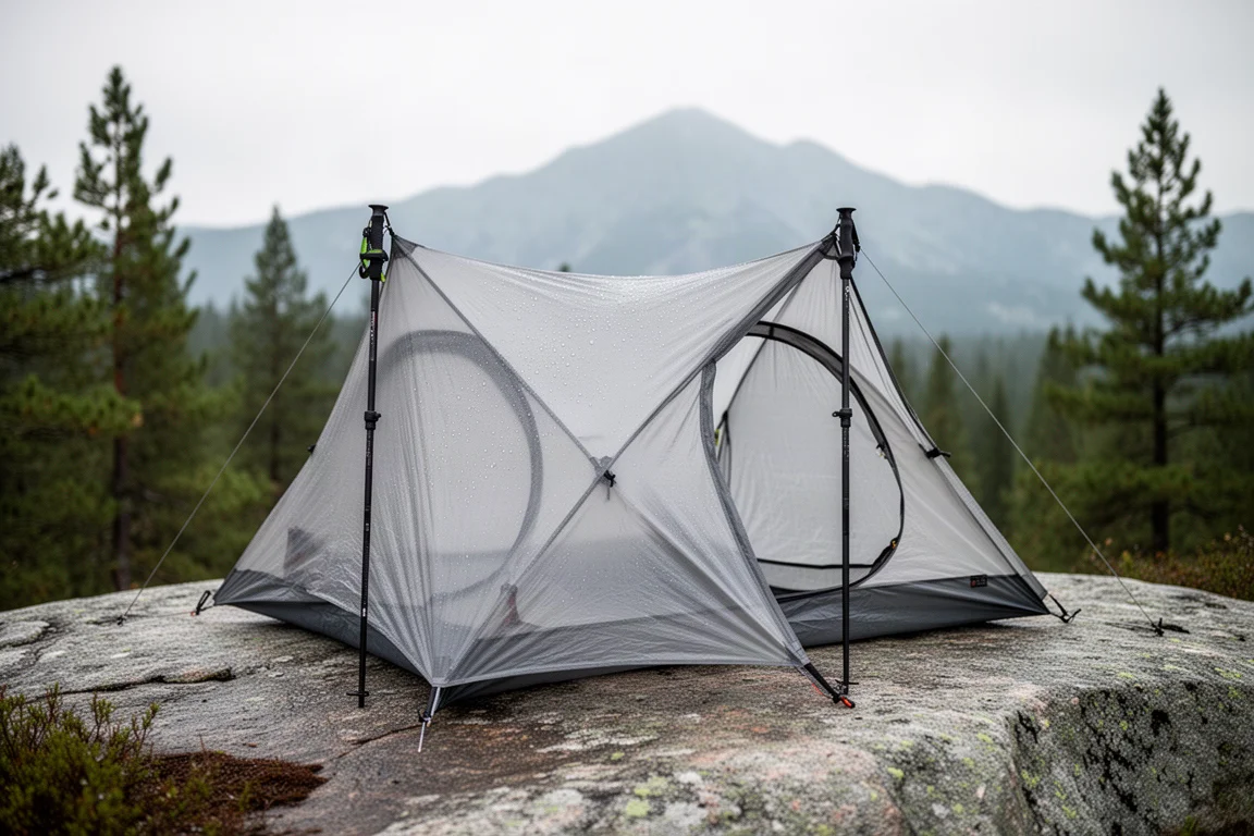 Zweipersonen-Dyneema-Trekkingzelt auf einer Granitplatte neben einem Kiefernwald aufgeschlagen