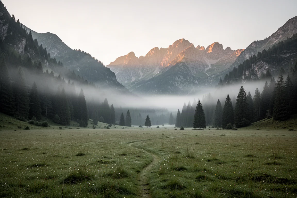 Alpejska dolina o świcie z mgłą między zalesionymi grzbietami i rosą na łąkowej trawie