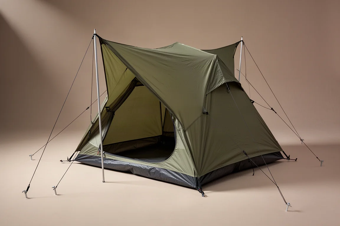 Lightweight hexagonal double wall backpacking tent pitched on a neutral grey studio backdrop