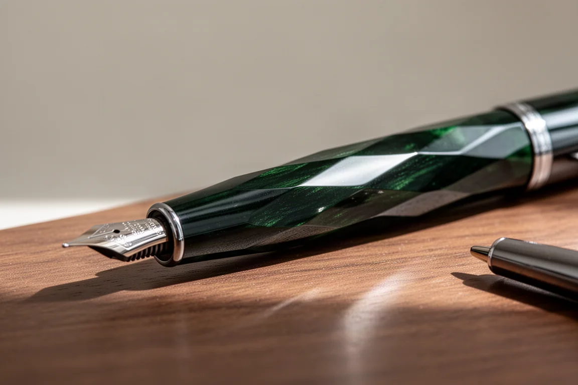 Närbild på ett fasetterat urushi-resstift som fångar fönsterljus på ett träskrivbord