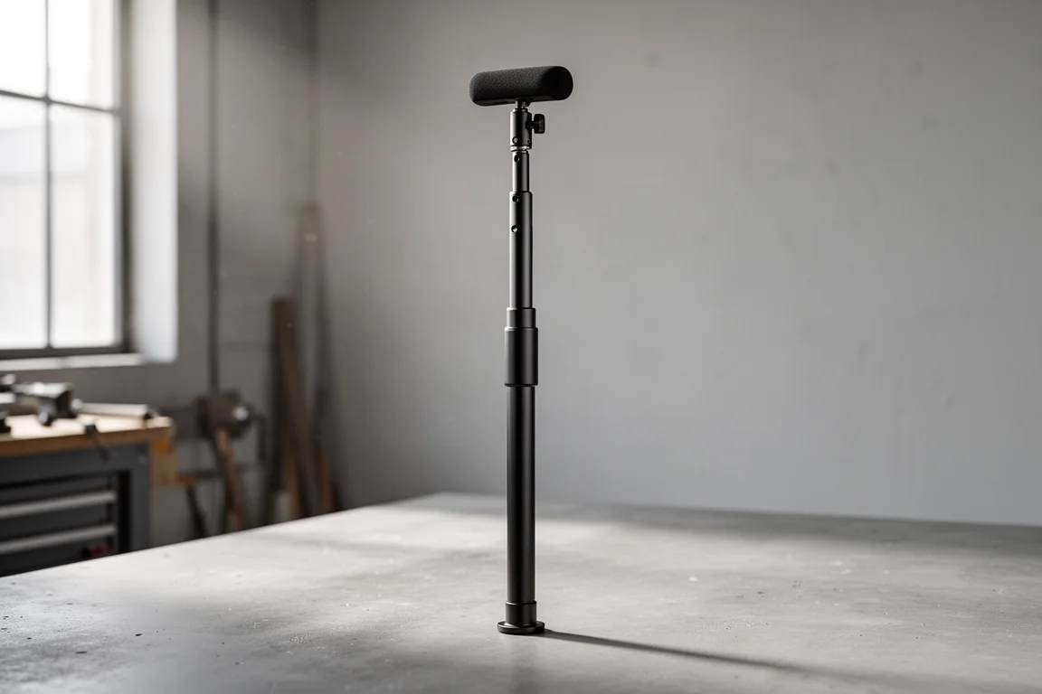 Extendable matte black metal support pole standing on concrete in a workshop