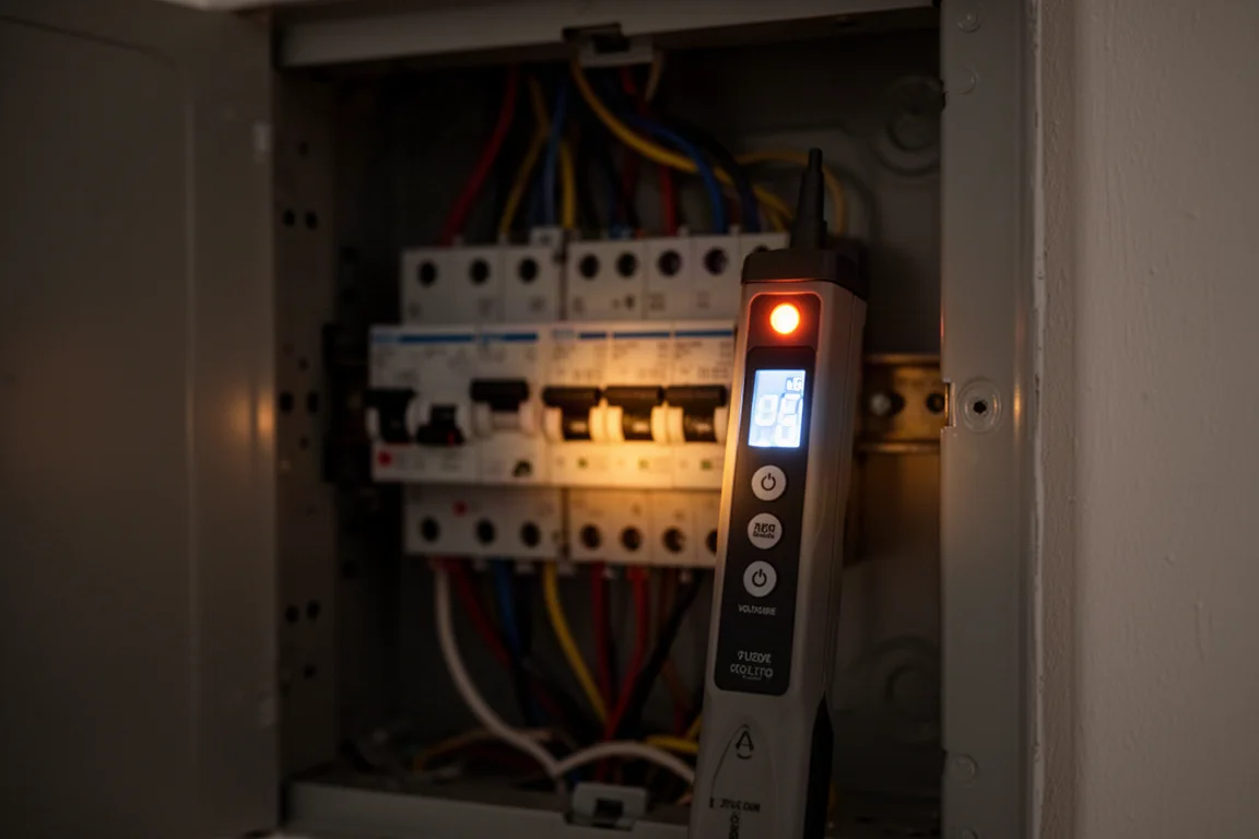 Ekran wykrywacza napięcia świeci w przyciemnionej skrzynce elektrycznej