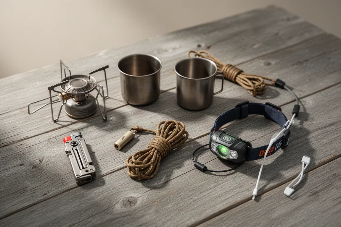 Overhead flat lay of small outdoor kit items ready to be packed into a pouch