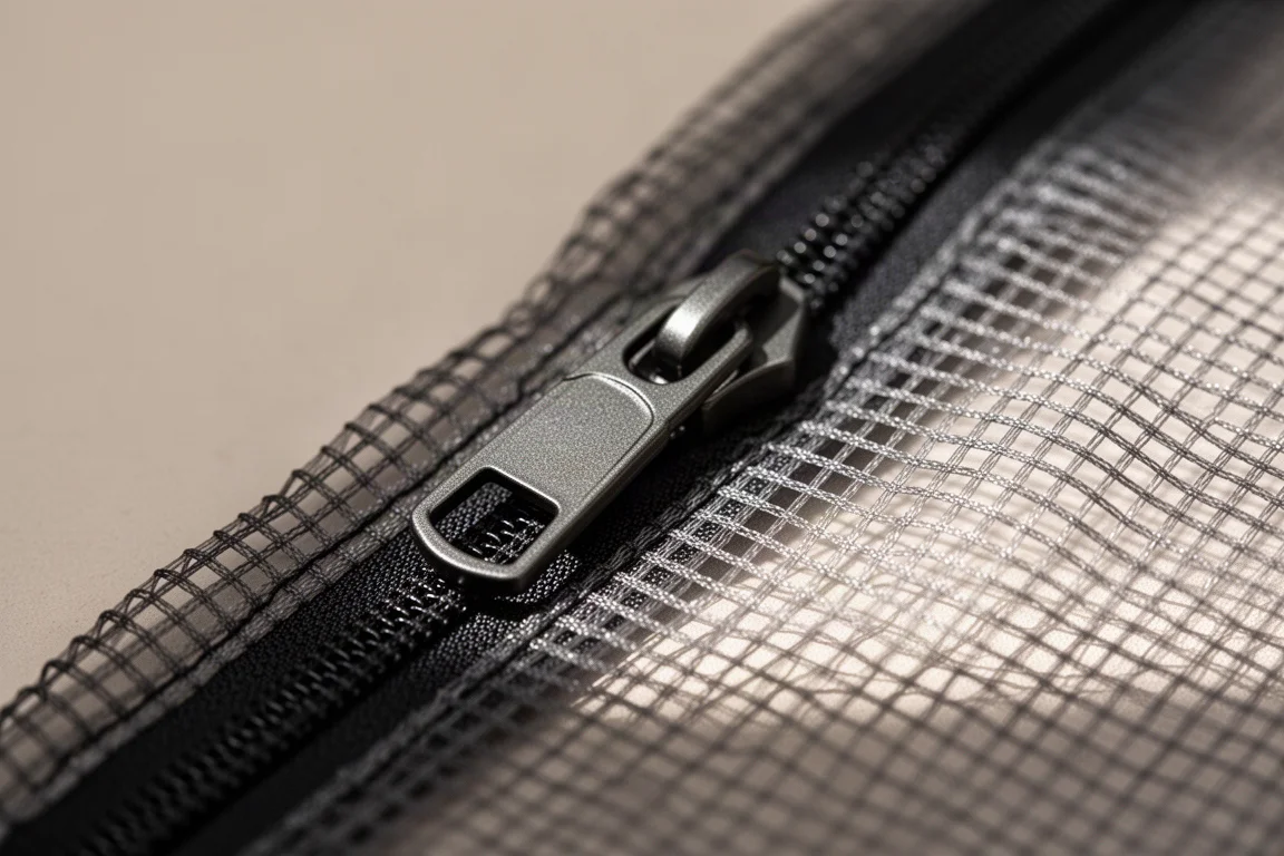 Macro detail of a zipper slider on semi-transparent mesh fabric