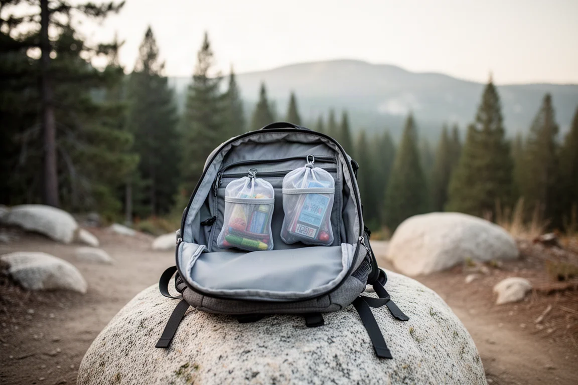 Mesh pouch clipped inside an open backpack on a granite boulder outdoors