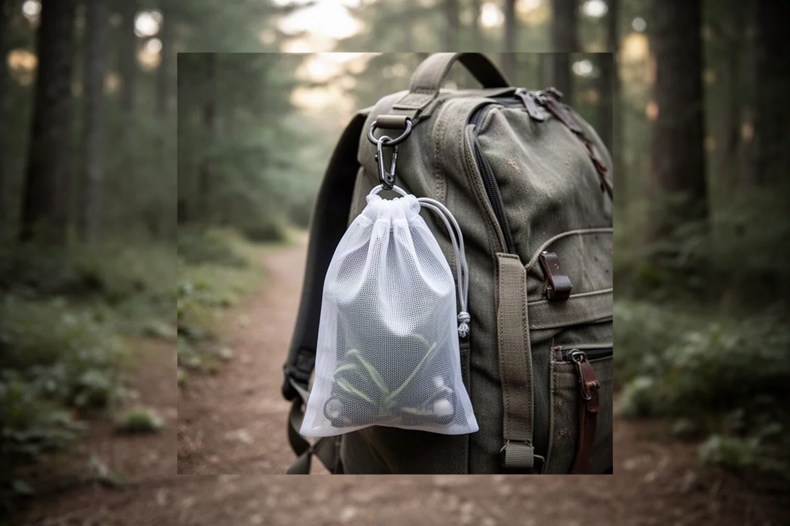 Small mesh pouch hanging from a clip on a pack strap on a forest trail