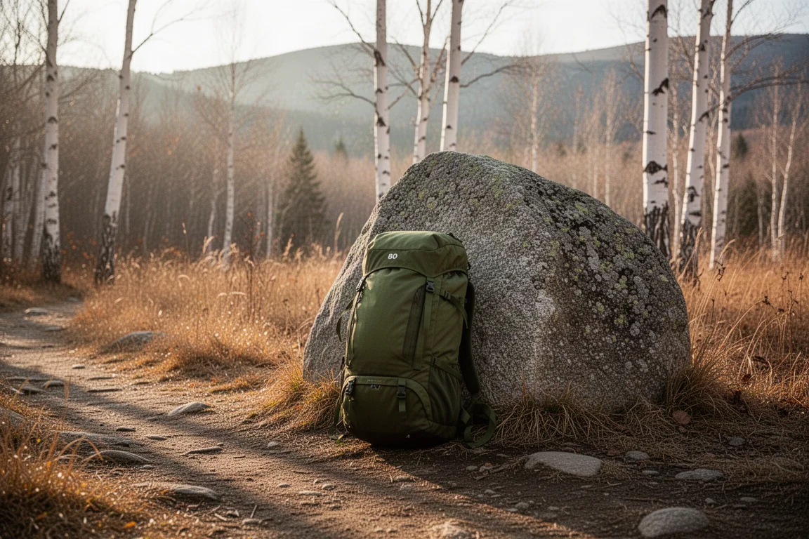 Beladener olivgrüner Rucksack lehnt an einem Felsen auf einem nebligen Bergpfad im Morgengrauen