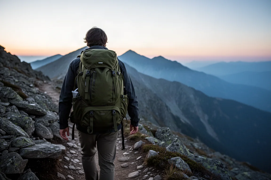 Wanderer von hinten beim Aufstieg über einen felsigen Grat mit hohem beladenem Rucksack