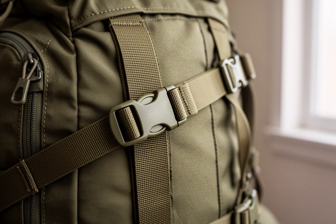 Kaltwetter-Ausrüstung neben einem offenen großen Rucksack auf einem Holzboden in einer Hütte