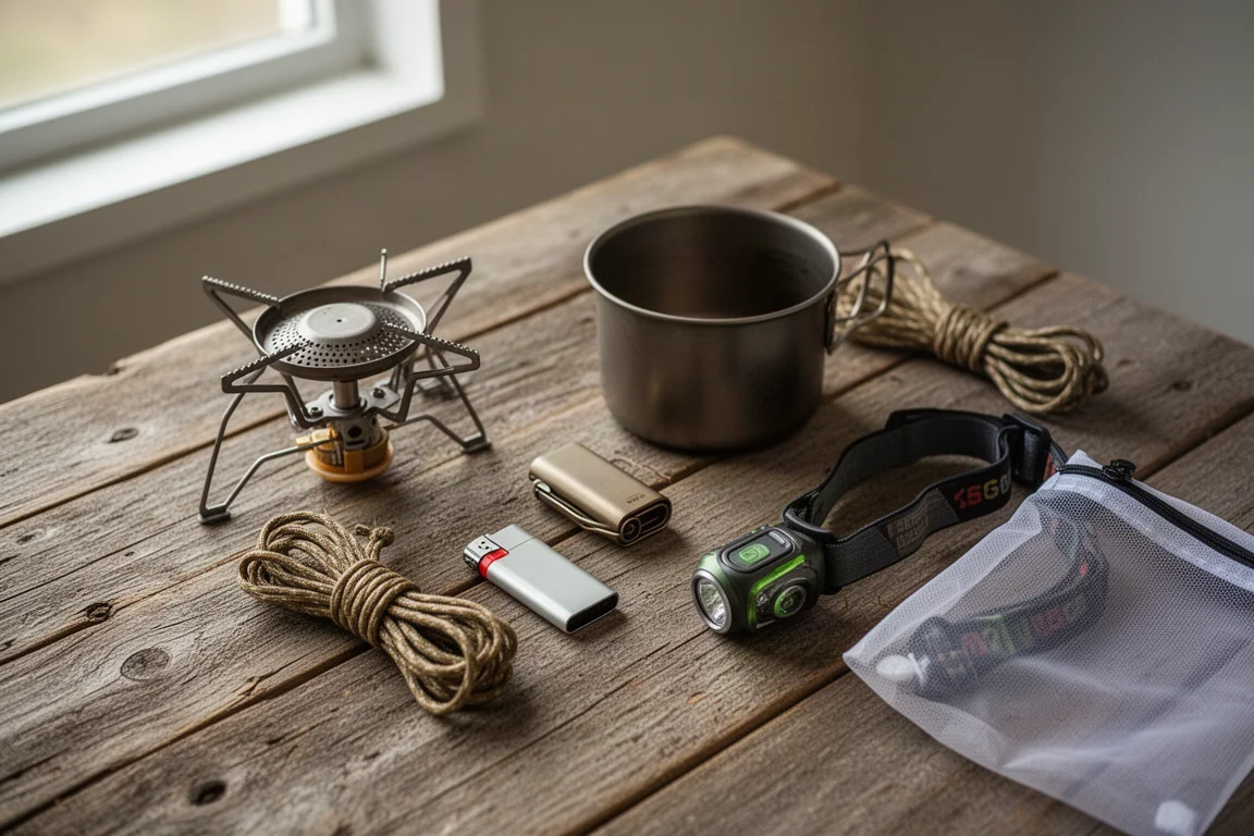Pochette de rangement en mesh ouverte sur une table de camping contenant de petits articles de plein air